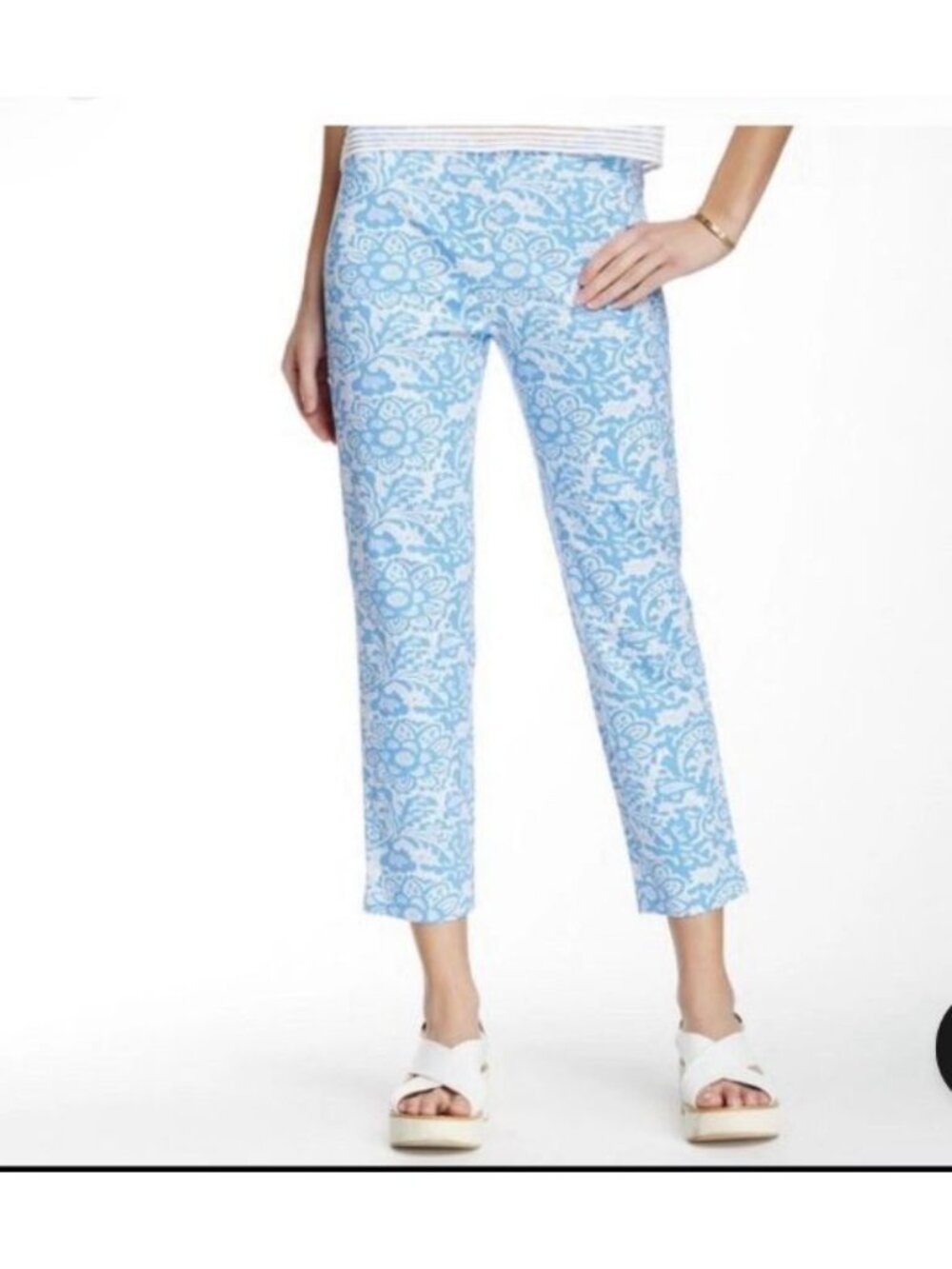 J McLaughlin Floral Stretch Cotton Ankle Pants Size 10 Blue White Vacation